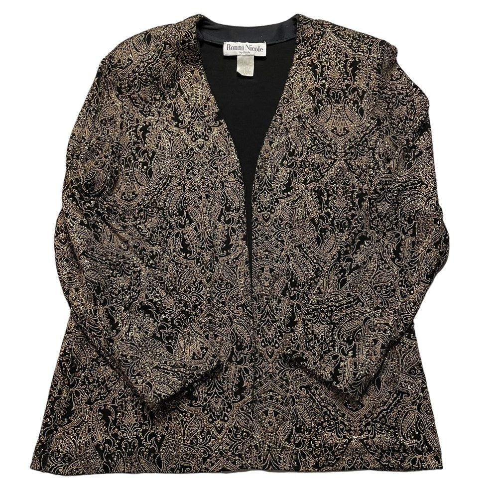 VINTAGE Elegant Black Gold Glitter Open Front Jacket Size Large Ronni Nicole - Picture 4 of 7